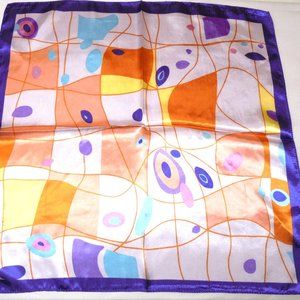 Vintage Scarf 19" Square Satin purple orange abstract print neckerchief retro
